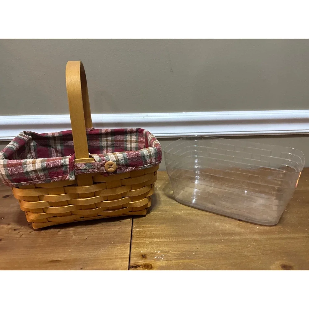 Handwoven Wood Splint Basket with Red Plaid Liner and Plastic Protector Honey